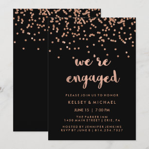 Faux Rose Gold Confetti on Black Engagement Party Invitation