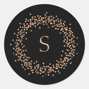 Faux Rose Gold Confetti on Black Monogram Classic Round Sticker
