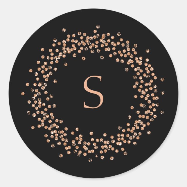 Faux Rose Gold Confetti on Black | Monogram Classic Round Sticker (Front)