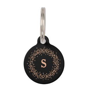 Faux Rose Gold Confetti on Black   Monogram Pet Tag