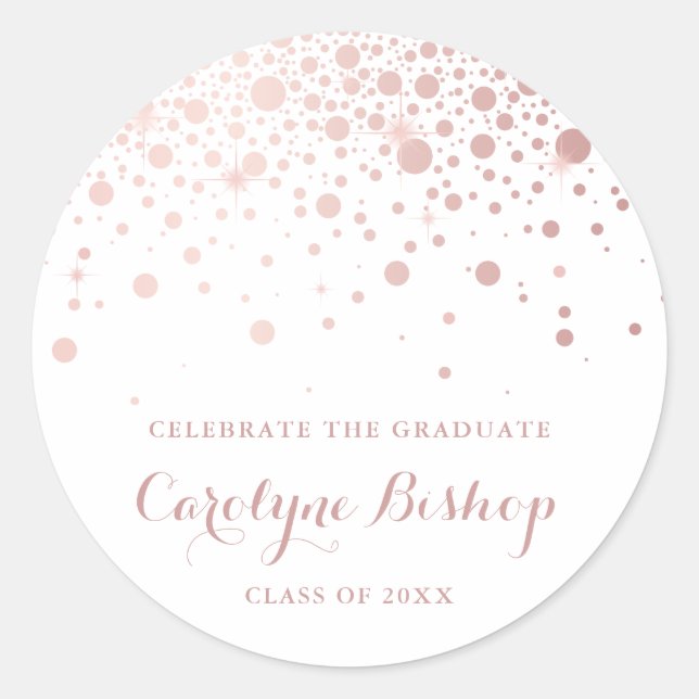 Faux Rose Gold Confetti Personalised Graduation Classic Round Sticker (Front)