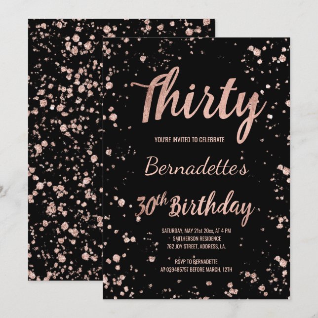 Faux rose gold confetti splatters 30th Birthday Invitation (Front/Back)