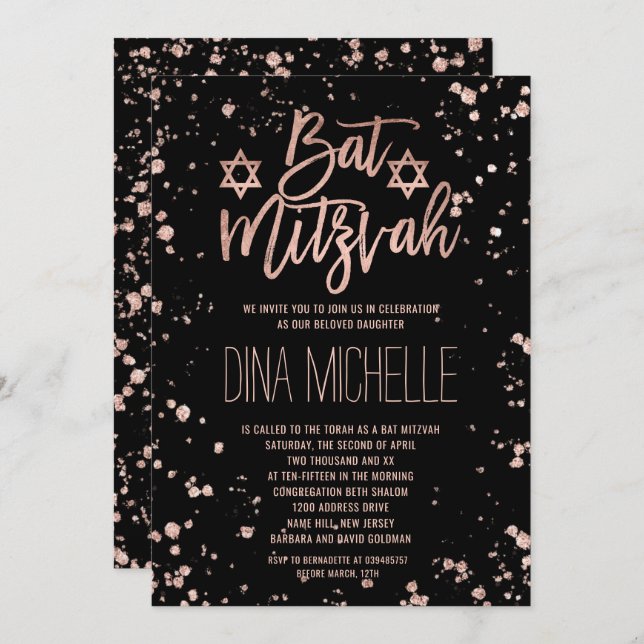 Faux rose gold confetti splatters Bat Mitzvah Invitation (Front/Back)
