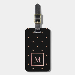 Faux Rose Gold Dots on Black with Monogram Luggage Tag