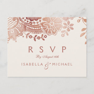 Faux rose gold elegant vintage lace wedding RSVP Invitation Postcard