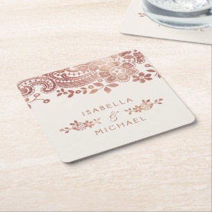Faux rose gold elegant vintage lace wedding square paper coaster