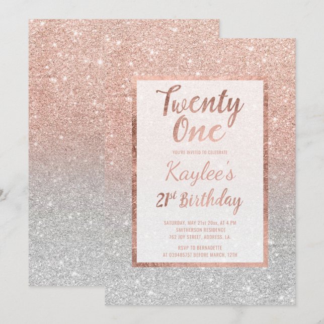 Faux rose gold faux glitter silver chic 21st Birth Invitation (Front/Back)