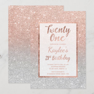 Faux rose gold faux glitter silver chic 21st Birth Invitation