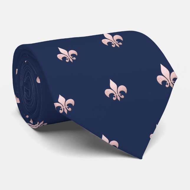 Faux Rose Gold Fleur de Lis DIY Navy Blue Tie (Rolled)