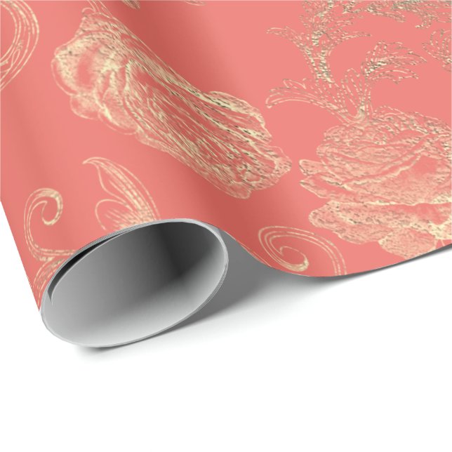 Faux Rose Gold Floral Coral Bridal Wedding Wrapping Paper (Roll Corner)