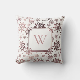 Faux Rose Gold Foil and White Floral w/ Monogram Cushion