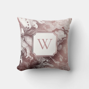 Faux Rose Gold Foil and White Marble with Monogram Cushion