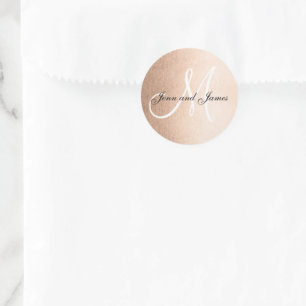 Faux Rose Gold Foil Black Wedding Favor Initial Classic Round Sticker