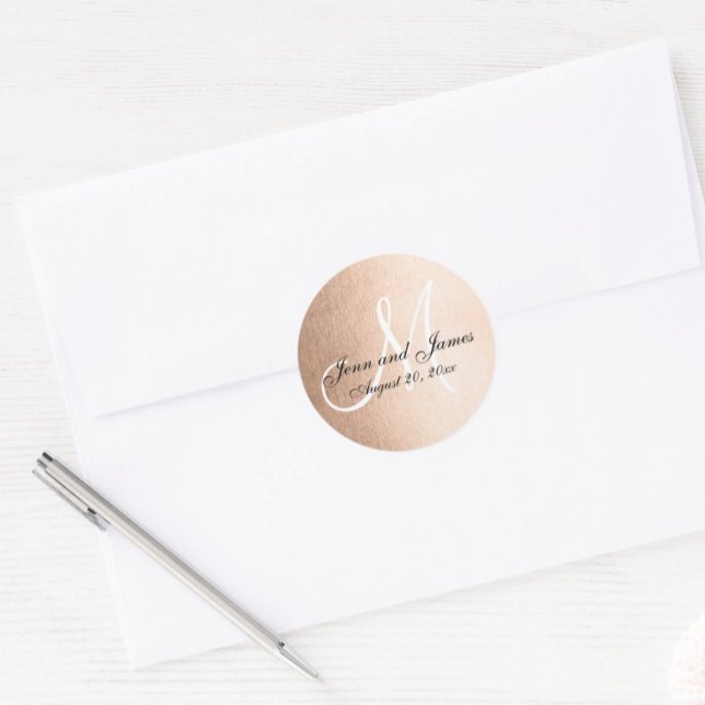 Faux Rose Gold Foil Black Wedding Favour Initial Classic Round Sticker (Creator Uploaded)
