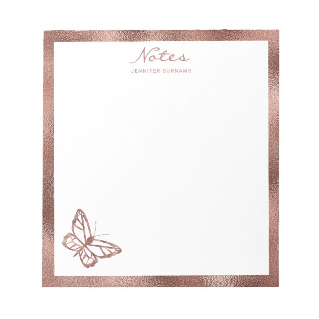 Faux Rose Gold Foil Butterfly & Custom Text Notepad (Front)