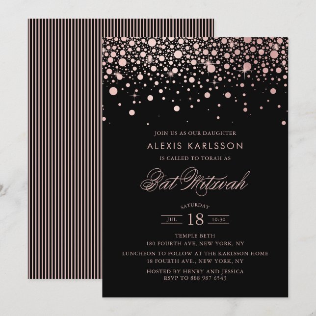 Faux Rose Gold Foil Confetti Black Bat Mitzvah Invitation (Front/Back)