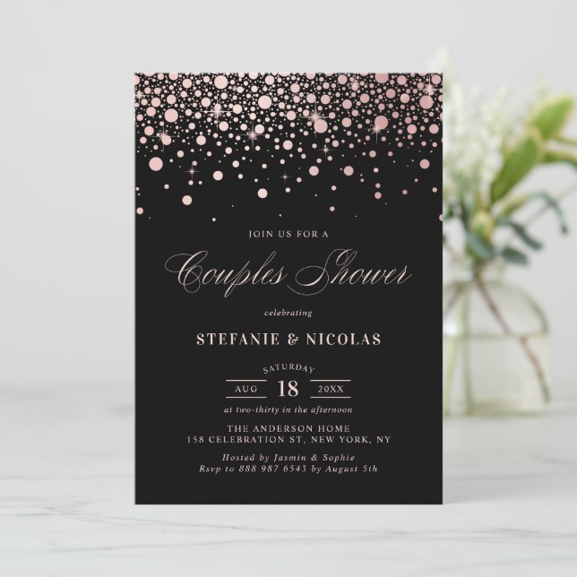 Faux Rose Gold Foil Confetti Black Couples Shower Invitation (Standing Front)