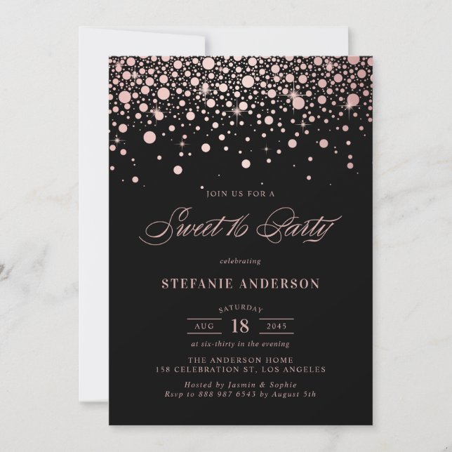 Faux Rose Gold Foil Confetti Black Sweet 16 Party Invitation (Front)