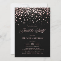 Faux Rose Gold Foil Confetti Black Sweet 16 Party