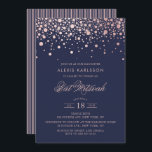 Faux Rose Gold Foil Confetti Blue Bat Mitzvah Invitation<br><div class="desc">Invite family and friends to your daughter Bat Mitzvah with this modern and elegant invitation. It features faux rose gold confetti dots and stripes pattern on dark blue background. Personalise by adding name,  date,  time,  venue and other event details. Matching items are available.</div>