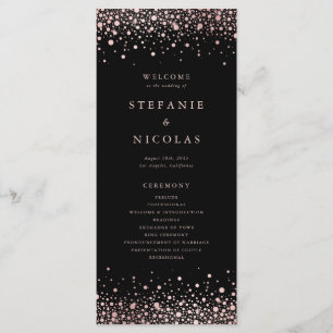 Faux Rose Gold Foil Confetti Dots Black Wedding Programme