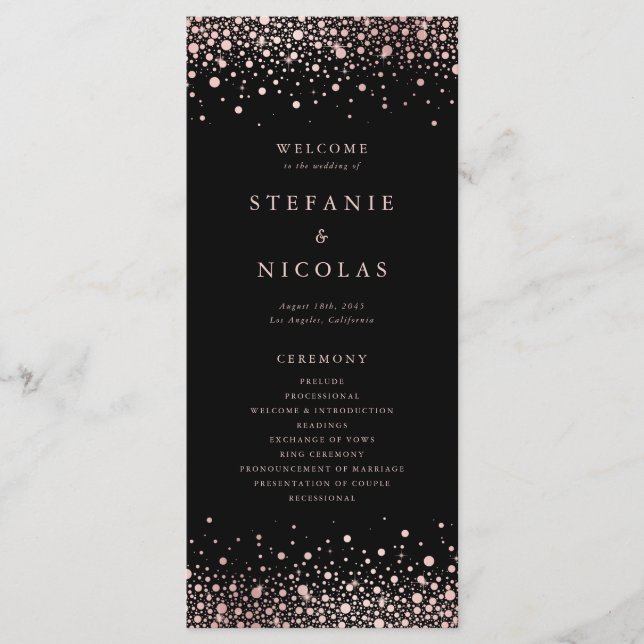 Faux Rose Gold Foil Confetti Dots Black Wedding Programme (Front)