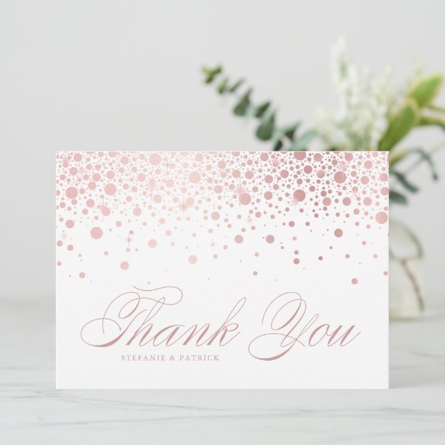 Faux Rose Gold Foil Confetti Dots Wedding Thank You Card (Standing Front)