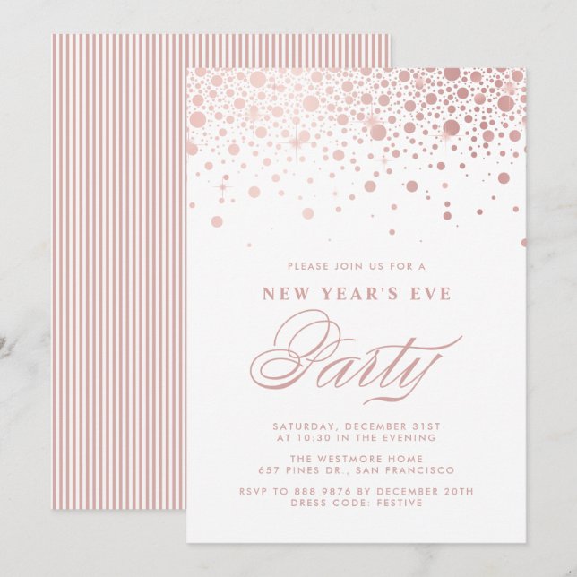 Faux Rose Gold Foil Confetti New Year's Eve Party Invitation (Front/Back)