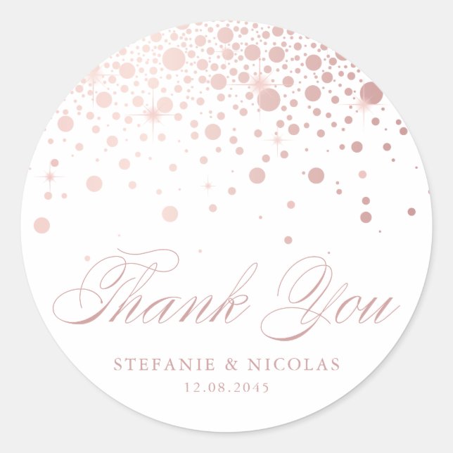 Faux Rose Gold Foil Confetti Wedding Thank You Classic Round Sticker (Front)