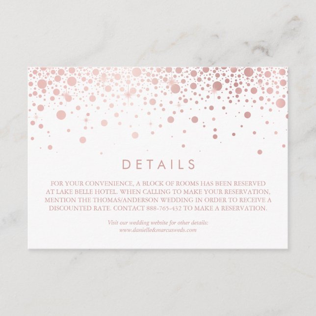 Faux Rose Gold Foil Confetti White Wedding Details Enclosure Card (Front)