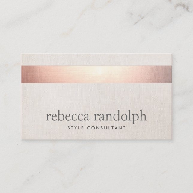 Faux Rose Gold Foil Elegant Modern Beige Linen Business Card (Front)