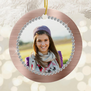 Faux Rose Gold Foil Family Photo Monogram Ceramic Tree Decoration