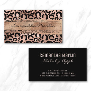 Faux Rose Gold Foil Glitter Brush Stroke Leopard Business Card