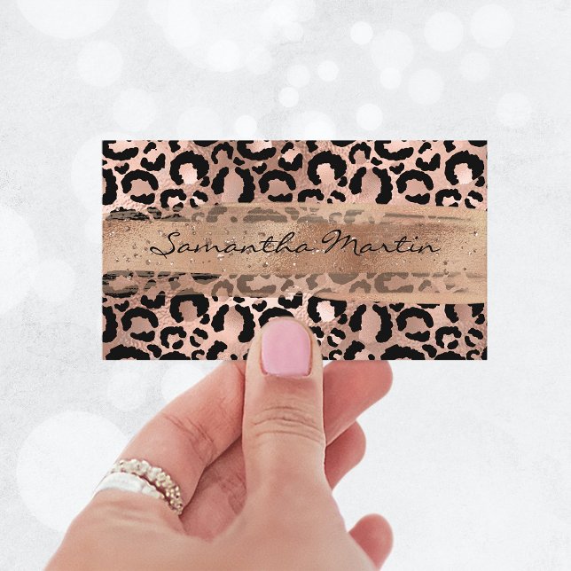 Faux Rose Gold Foil Glitter Brush Stroke Leopard Business Card (Rose Gold Foil Glitter Brush Stroke Leopard Business Card)