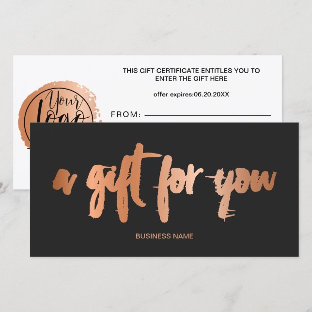 Faux rose gold foil  grey logo gift certificate (Front/Back)