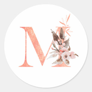 Faux Rose Gold Foil Letter M Floral Monogram Classic Round Sticker
