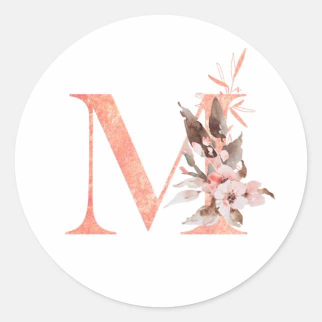 Faux Rose Gold Foil Letter M Floral Monogram Classic Round Sticker (Front)