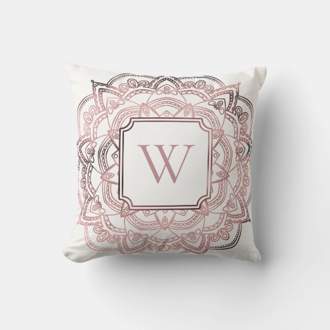 Faux Rose Gold Foil Mandala w/ Monogram on White Cushion (Front)