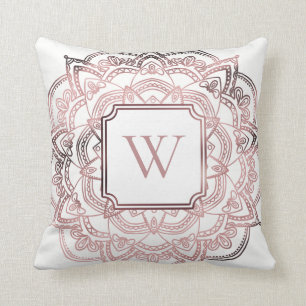 Faux Rose Gold Foil Mandala w/ Monogram on White Cushion