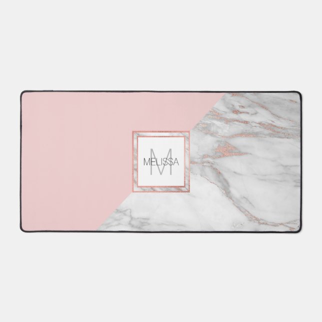 Faux Rose Gold Foil Marble Blush Pink MONOGRAM Desk Mat (Front)