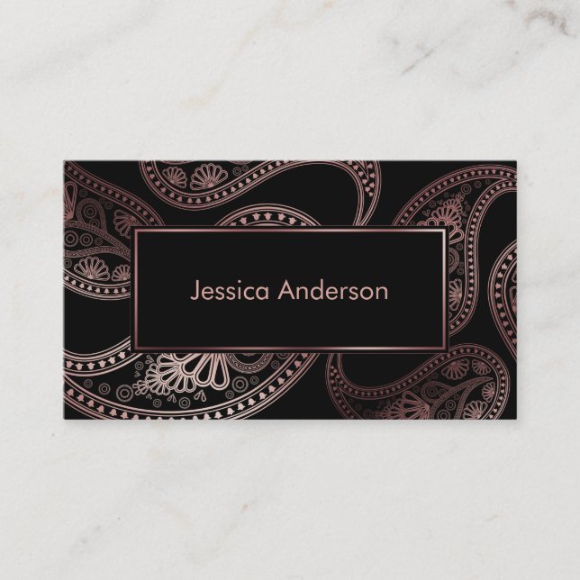 Faux Rose Gold Foil Paisley Patterns on Black Business Card (Front)