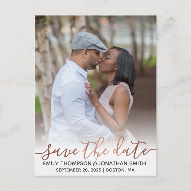 Faux Rose Gold Foil Photo Save The Date Postcard (Front)