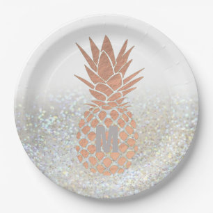 faux rose gold foil pineapple on faux glitter paper plate
