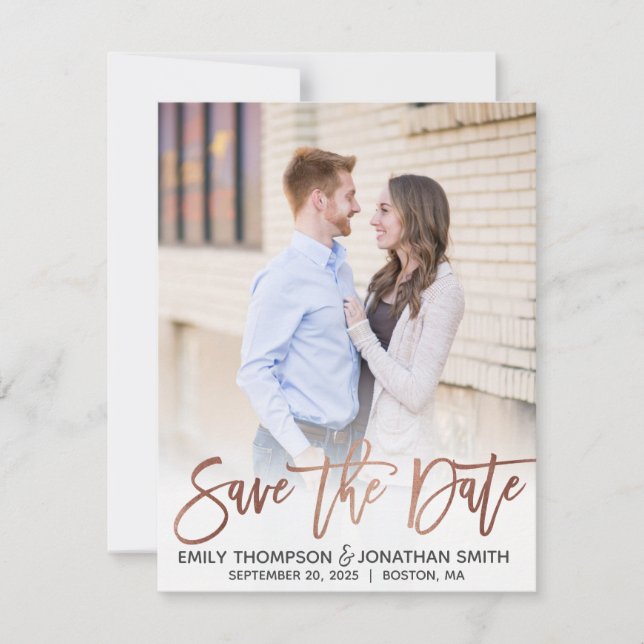 Faux Rose Gold Foil Script Photo Save the Date (Front)