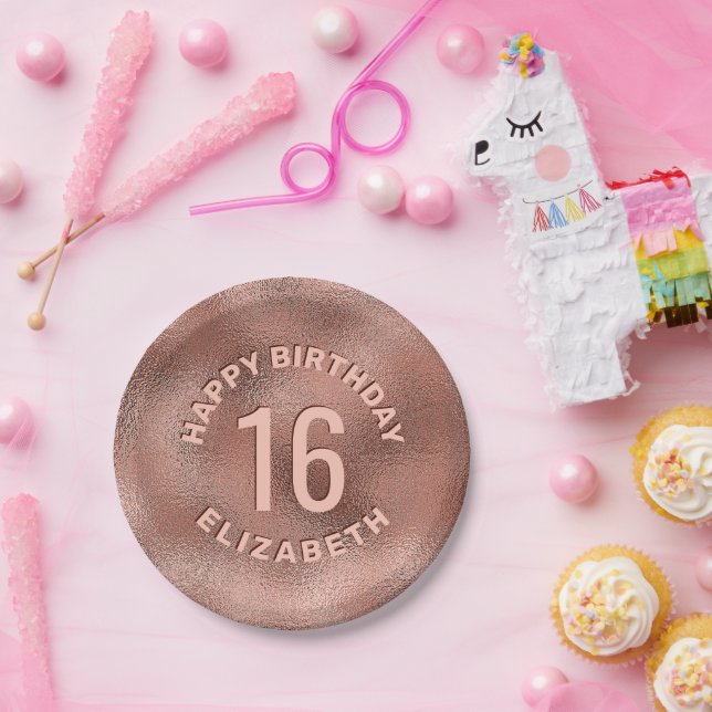 Faux Rose Gold Foil Texture Happy Birthday & Age Paper Plate (Party)