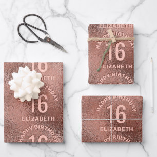 Faux Rose Gold Foil Texture Happy Birthday & Age Wrapping Paper Sheet