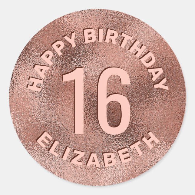 Faux Rose Gold Foil Texture Happy Birthday Classic Round Sticker (Front)