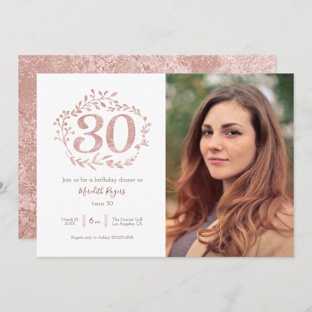 Faux Rose Gold Foliage Wreath 30th Birthday Invitation (Front/Back)