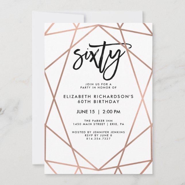 Faux Rose Gold Geometric | 60th Birthday Party Invitation (Front)