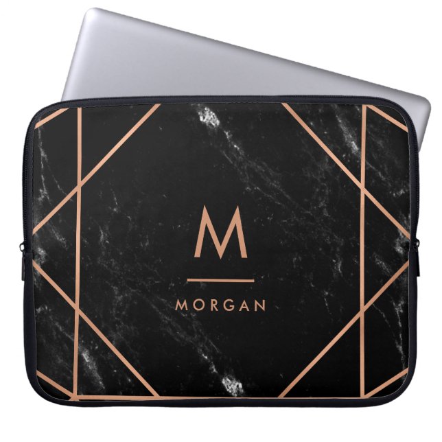 Faux Rose Gold Geometric | Black Marble Look Laptop Sleeve (Front)